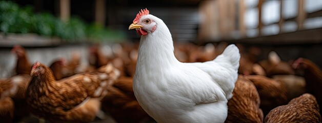 A lively white hen squawks humorously among brown chickens on a rustic farm, showcasing its unique character from a low perspective