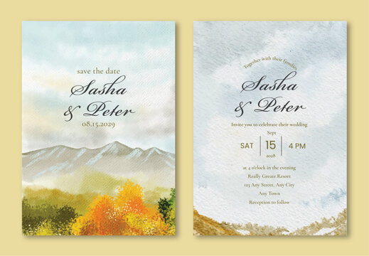 Elegant Watercolor Mountain Landscape Wedding Invitation Card Template Design