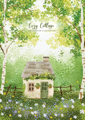 Watercolor Cozy Cottage in Forest with Birch Trees Illustration