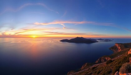 Fototapeta premium Stunning Sardinian sunrise panorama at Caccia Cape Breathtaking Mediterranean seascape, sunrise, water