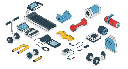 Isometric gym equipment collection featuring modern fitness technology