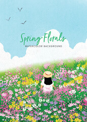 Whimsical Watercolor Painting of Girl in Floral Spring Meadow Background