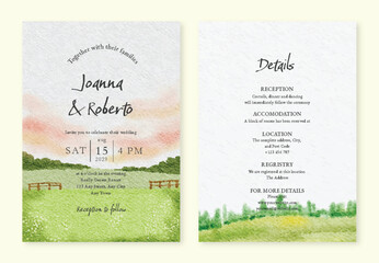 Elegant Watercolor Wedding Invitation Landscape Style with Detail Information