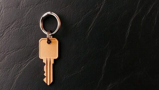A gold key with a blank tag rests on a dark leather surface, suggesting concepts of access, opportunity, or new beginnings