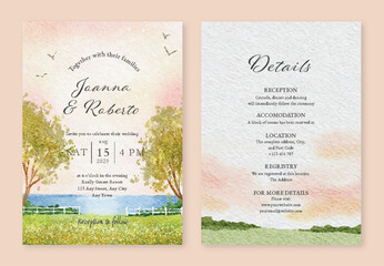 Watercolor Elegant Landscape Wedding Invitation Template Design with Details Page
