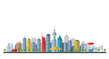 Colorful urban skyline with modern city buildings and trees in flat design