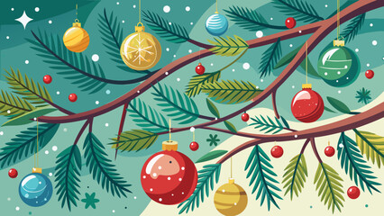 Vector art of festive christmas background with pine branches and ornaments for holiday season celebration and greeting card design, with a joyful and colorful theme