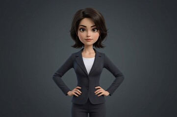 Obraz premium Confident cartoon businesswoman portrait, studio, grey background, marketing