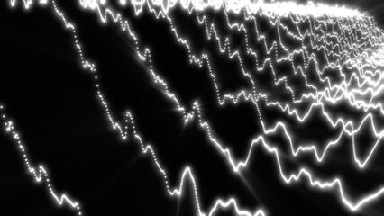 Intense white glowing lines and dotted paths cascade across a black digital space, forming abstract waves of light