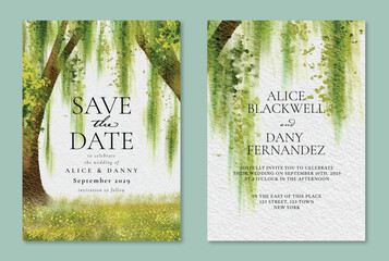 Artistic Watercolor Willow Tree Wedding Save the Date Invitation Design