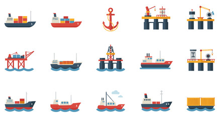 Nautical icons collection featuring ships, platforms, and anchor in flat design