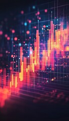 Vibrant Stock Market Data Visualization Featuring Glowing Candlesticks and Upward Trend Details