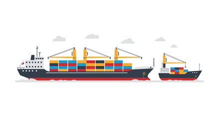 Obraz premium Colorful cargo ships with crane arms on ocean in flat design