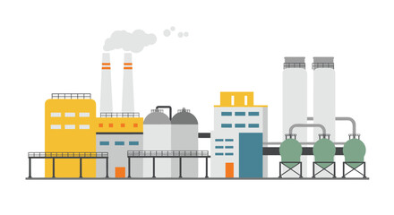 Fototapeta premium Flat industrial factory scene with smoke stacks and storage tanks