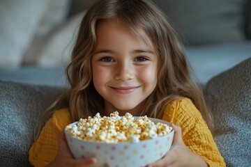 Young smiling girl resting at home, seated on the sofa, holding a bowl of popcorn and enjoying snacks, Generative AI