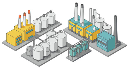 Isometric industrial plant illustrations: modern factories and facilities layout