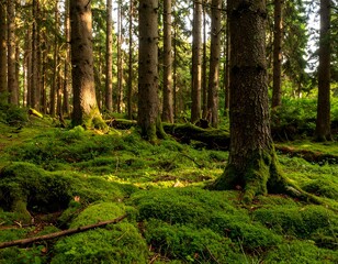 Lush forest floor bathed in sunlight