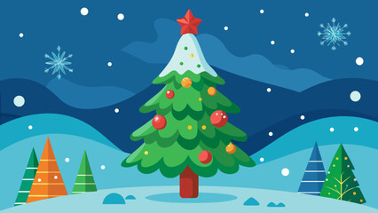 Vector art of christmas tree with snow and snowflakes for winter holiday season celebration and new year greetings card design around 135 characters
