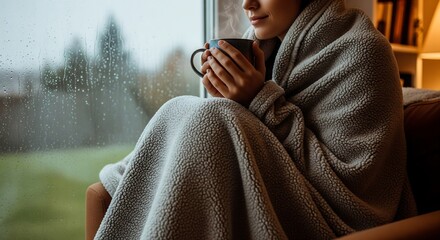 A person wrapped in a warm, cozy blanket sips from a mug while looking out a window on a rainy day, creating a serene and comfortable indoor scene.