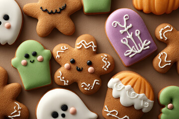 Festive Halloween Cookies: A delightful assortment of decorated gingerbread, ghost and tombstone cookies on a plain neutral background.
