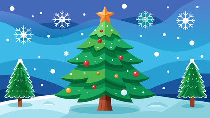 Fototapeta premium Vector art of a christmas tree in a snowy landscape with snowflakes falling, creating a festive and joyful atmosphere for the holiday season in winter