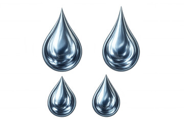 Four shiny mercury drops falling on a transparent background, perfect for graphic design projects related to liquids, metals, and chemistry