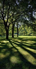 Sunlit parkland, long shadows stretch across a grassy lawn beneath large, leafy trees