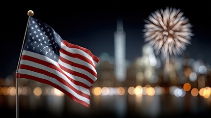 Naklejka premium Fireworks light up the night as an American flag waves, embodying patriotic celebration against a breathtaking skyline