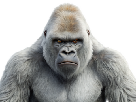 Close up portrait of a silverback gorilla with a serious expression on a transparent background