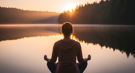 A person meditating in a peaceful lotus position by a serene lake at sunrise, surrounded by a tranquil forest.