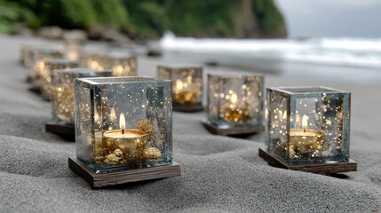 Fototapeta premium Multiple glass cubes float gently, illuminating the shoreline with twinkling lights while surrounded by lush greenery and ocean waves