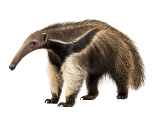 A giant anteater standing in a profile view with its long snout and distinctive markings on its fur coat