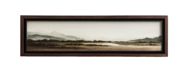 Landscape painting in muted tones, showing a tranquil vista of hills and a body of water.  A light mist or fog envelops the scene.  Dark-brown wood framed