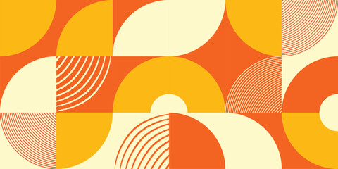 Seamless Scandinavian Geometric Pattern with Retro Swiss Style Shapes. Vector Background of Abstract Circles and Squares for Modern Design, Decorative Artwork, and Creative Prints. © さとる五条