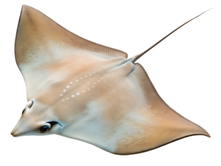 Isolated image of a light brown stingray with a long tail on a black background in a studio shot