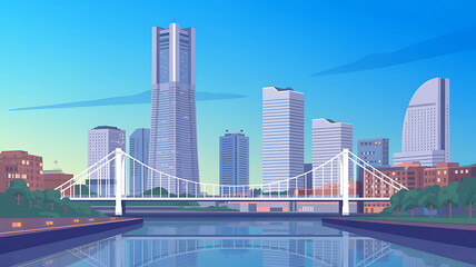 Obraz premium Cityscape with suspension bridge over water and modern skyscrapers urban skyline