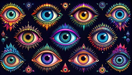A vibrant collection of stylized eyes, featuring various colors and intricate details