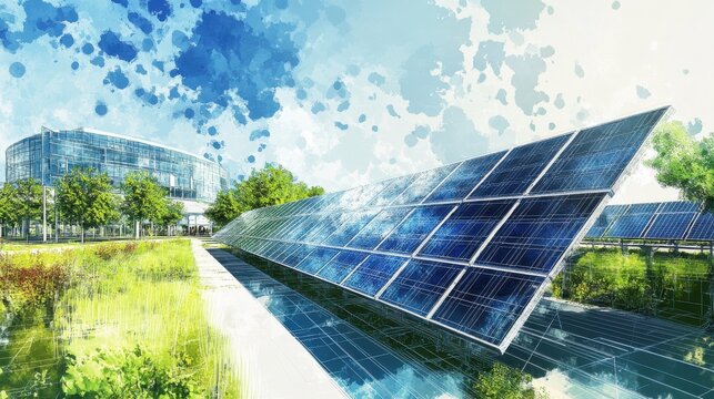 Solar panels on modern building in sunny business park