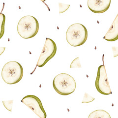 Seamless pattern with watercolor pear slices and seeds. For juice and jam packaging, cookbooks, menus and seasonal printing.