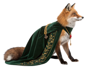 A fox wearing a green velvet cape with gold embroidery and a jeweled necklace sitting upright