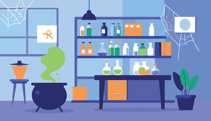 Spooky Halloween Potion Lab Flat Vector Illustration of a Witch's Brewing Room