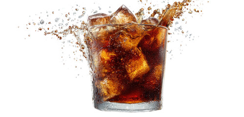 Glass of cola with ice, splashing