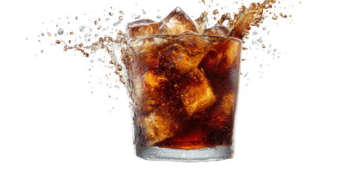 Glass of cola with ice, splashing