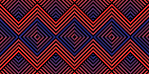 Vector geometric seamless pattern with bright neon red and blue gradient, zigzag lines, stripes, chevron, squares. Abstract sport style urban texture. Trending funky background in retro Y2K style