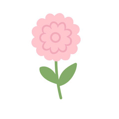 Pink Decorative Flower Illustration with Green Leaves, Minimal Flat Floral Design