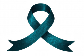 Teal awareness ribbon swirling against transparent background, symbolizing solidarity with sexual assault survivors and mental health support efforts