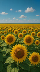 Fototapeta premium A vibrant sunflower field glowing under a clear blue sky, perfect for seasonal
