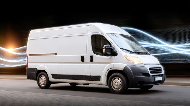 Futuristic van features light blue lines and waves, illuminated by cinematic lighting, set against a striking dark background - Powered by Adobe