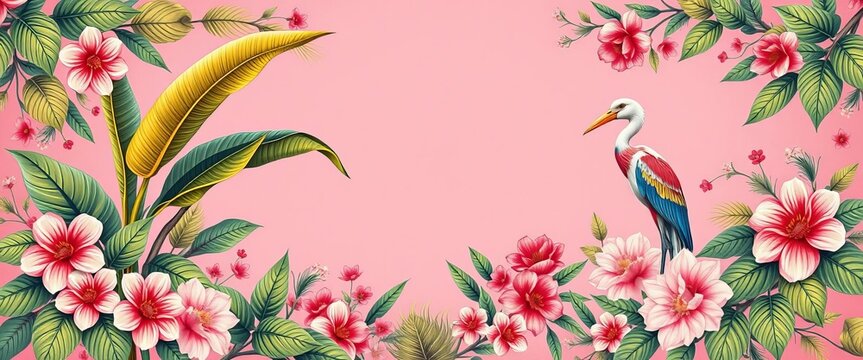Pink vintage floral border with banana tree, crane, parrot, and chinoiserie elements, nature, spring