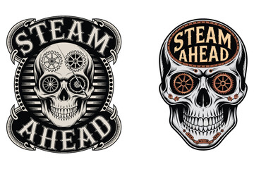 Fototapeta premium Steampunk skulls with gears and text mechanical retro
